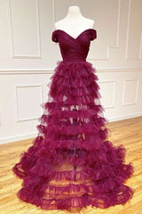 Off the Shoulder Dark Berry Pleated Sheer Tiered Prom Dresses