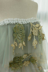 Off the Shoulder Green Lace Floral Prom Dresses, Green Tulle Floral Long Formal Evening Dresses