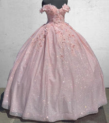 Fora do ombro lavanda lantejoula 3D Floral Quinceanera Vestidos