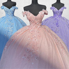 Fora do ombro lavanda lantejoula 3D Floral Quinceanera Vestidos