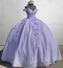 Fora do ombro lavanda lantejoula 3D Floral Quinceanera Vestidos