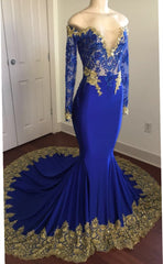 Off-the-Shoulder Royal Blue Prom Dresses Gold Lace Appliques Chic Evening Dresses with Sleeve