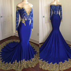 Off-the-Shoulder Royal Blue Prom Dresses Gold Lace Appliques Chic Evening Dresses with Sleeve