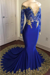 Off-the-Shoulder Royal Blue Prom Dresses Gold Lace Appliques Chic Evening Dresses with Sleeve