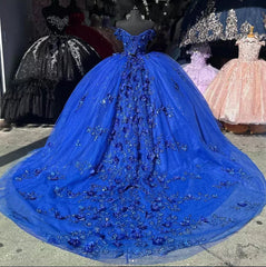 Abiti da quinceanera blu royal da spalla con applicazioni