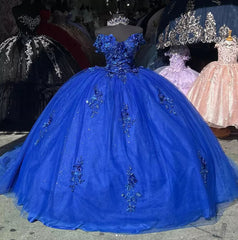 Abiti da quinceanera blu royal da spalla con applicazioni