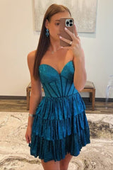 Ombre Blue Strapless Ruffle Beaded A-Line Homecoming Dressesbie