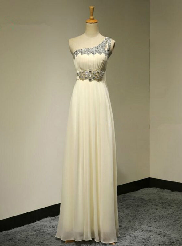 One Shoulder A-Line Crystals Beadings Long Floor Length Chiffon Bridesmaid Dress