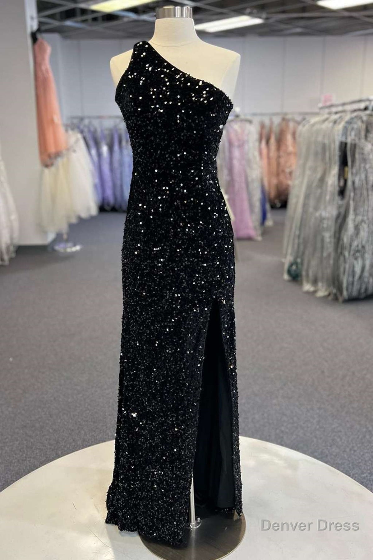 One Shoulder Black Sequins Mermaid Long Prom Dresses, Black Sequins Mermaid Long Prom Dresses