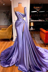 One Shoulder Long Sleeves Prom Dresses Slit Mermaid Party Gowns Overskirt