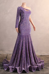 One Shoulder Purple Prom Dresses Sequin Mermaid Long Evening Evening Formal Dresses