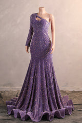 One Shoulder Purple Prom Dresses Sequin Mermaid Long Evening Evening Formal Dresses