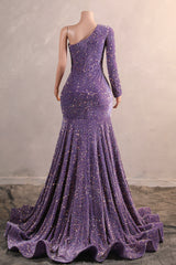 One Shoulder Purple Prom Dresses Sequin Mermaid Long Evening Evening Formal Dresses