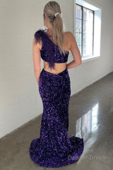 One Shoulder Purple Sparkly Mermaid Sequins Long Prom Dress with Slit