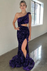 One Shoulder Purple Sparkly Mermaid Sequins Long Prom Dress with Slit