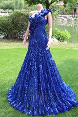 One Shoulder Royal Blue Prom Dresses paljett Långa formella klänningar