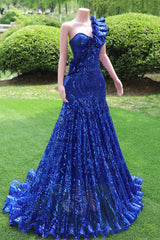 One Shoulder Royal Blue Prom Dresses Sequin Long Fromal Dresses