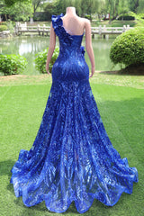 One Shoulder Royal Blue Prom Dresses Sequin Long Fromal Dresses