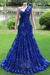 One Shoulder Royal Blue Prom Dresses paljett Långa formella klänningar