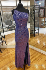 One Shoulder Sequins Mermaid Prom Dress with Slit