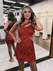 One Shoulder Sleeveless Sequined Fitted Homecoming Dresses