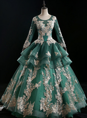 Online Store Dark Green Ball Gown Tulle Long Sleeve Appliques Quinceanera Dresses