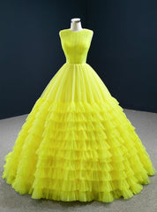 Online Store Yellow Ball Gown Tulle Pleata Tiers Floor Length Prom Dresses