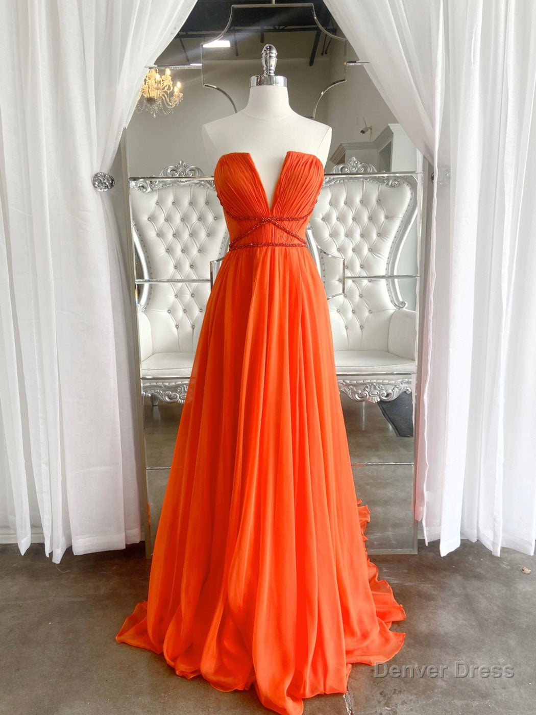 Orange Aline chiffon long prom dress, orange long evening dress