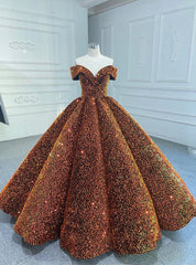 Orange Ball Gown Sequins Off the Shoulder Prom Dresses