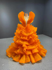 Orange Ball Gown Tulle Tiers See Through V-neck Prom Dresses