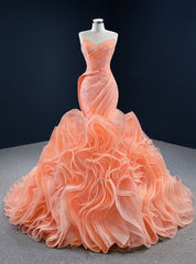 Orange Mermaid Tulle Sweetheart Pleats Prom Dress