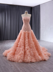 Orange Pink Strapless Tiers Ruffles Sequins Prom Dresses