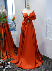 Orange Red Satin Spaghetti Straps Pleats Prom Dresses