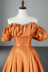 Orange Satin A-Line Floor Length Prom Dresses, Off the Shoulder Evening Party Dresses