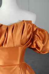 Orange Satin A-Line Floor Length Prom Dresses, Off the Shoulder Evening Party Dresses