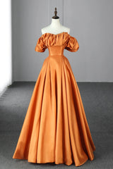 Orange Satin A-Line Floor Length Prom Dresses, Off the Shoulder Evening Party Dresses