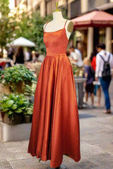 Orange Satin Prom Dresses A-line Square Neckline Spaghetti Straps Sweep Train Evening Dresses