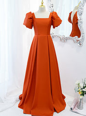 Orange Satin Short Sleeve Square Prom Dresses