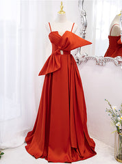 Orange Satin Spaghetti Straps Bow Prom Dresses