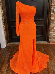 Orange Sequins Long Sleeve Split Prom Dresses