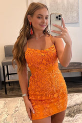 orange short tight homecoming dress with lace beading