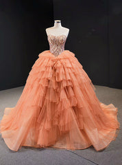 Orange Tulle Ball Gown Sequins Sweetheart Sweet 16 Prom Dresses