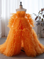 Orange Tulle  Strapless Pleats Prom Dresses