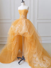 Orange Tulle Lace Strapless  Prom Dresses