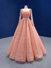 Orange Tulle Long Sleeve Square Beading Sequins Prom Dresses