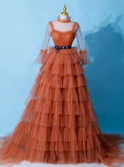 Orange Tulle Long Sleeve Tiers Prom Dresses