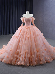 Orange Tulle Off the Shoulder Appliques Beading Prom Dresses