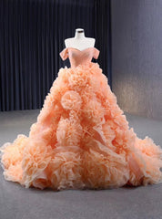 Orange Tulle Off the Shoulder Prom Dresses