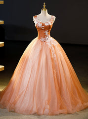 Orange Tulle Sequins V-neck Quinceanera Dresses