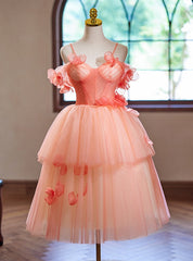 Orange Tulle Spaghetti Straps Tiers Flower Homecoming Dresses